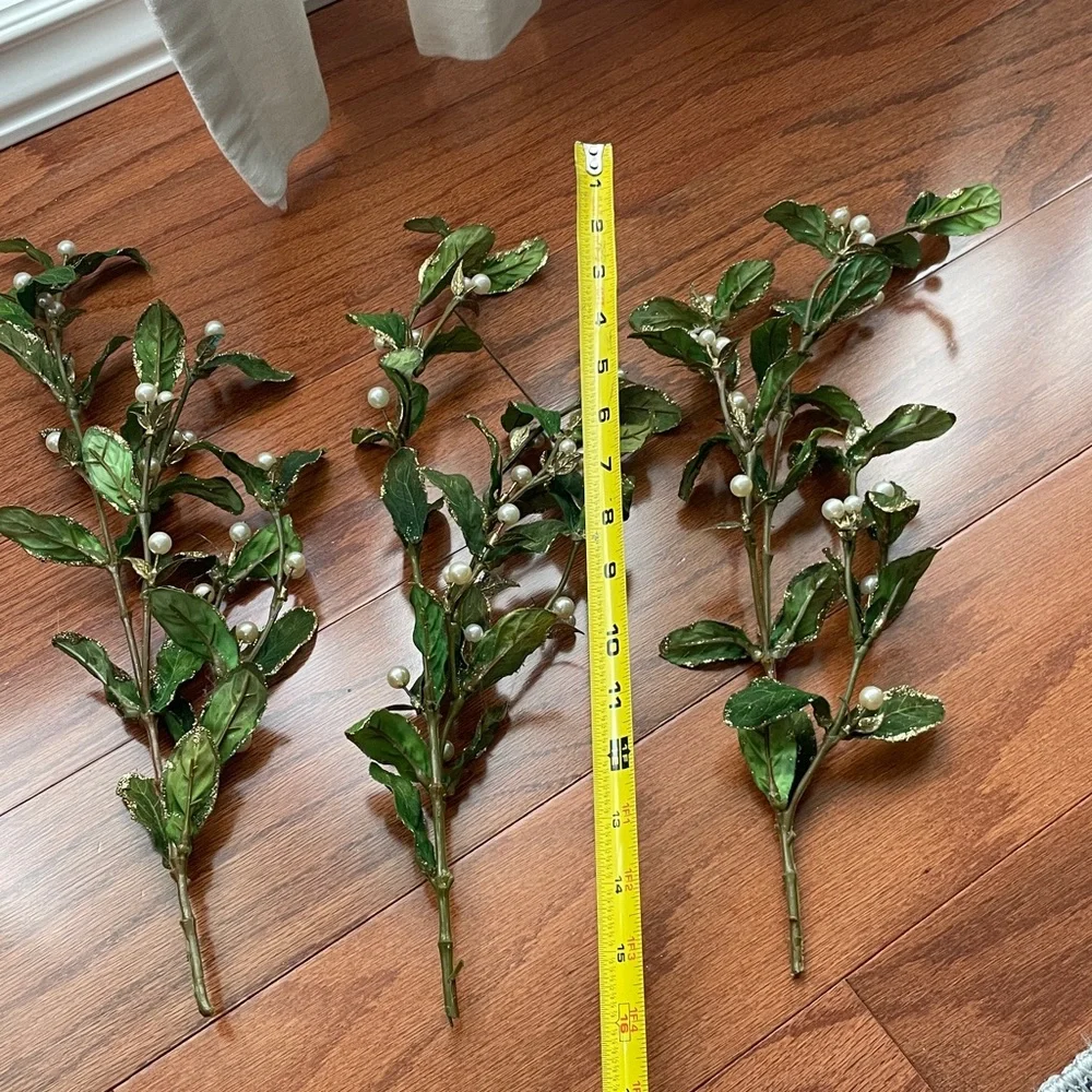 Set of 6 Floral Stems with Artificial Faux Pearls & Gold Glitter Accent Leaves